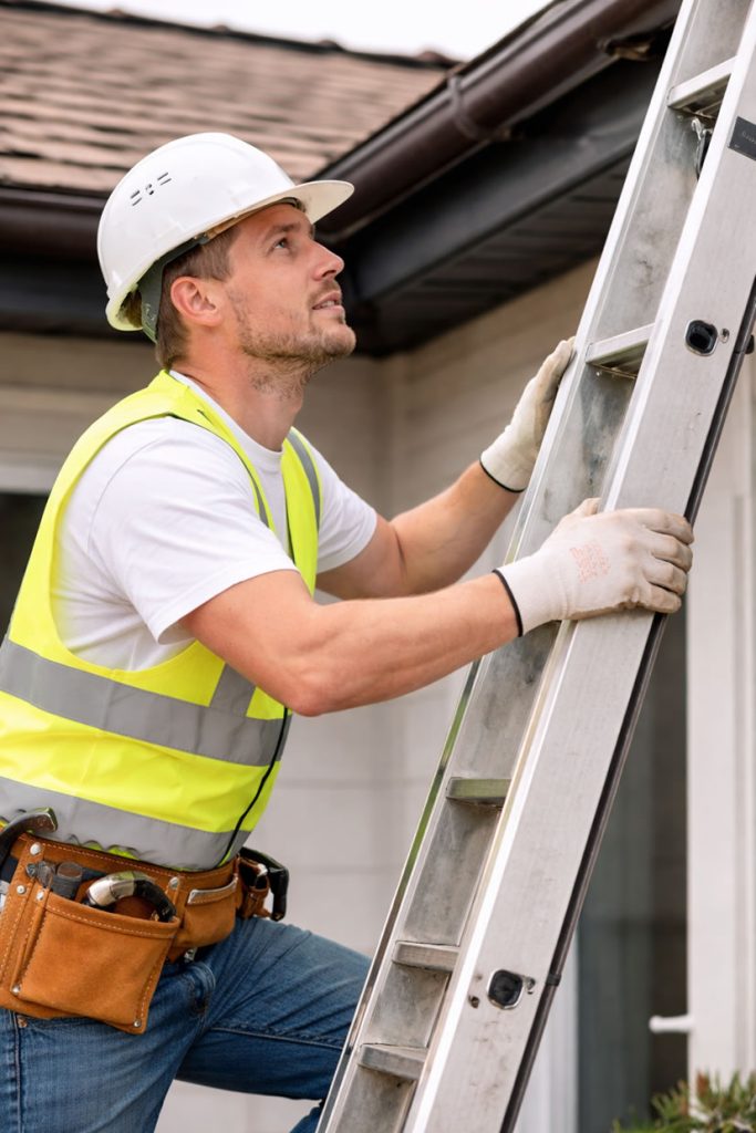 roofer getting on a ladder for roof inspection and repairs