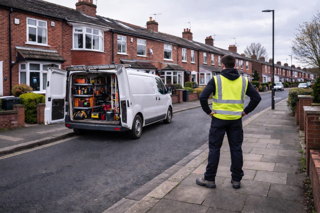 tradesman arrived for the home improvement job with white van parked on street