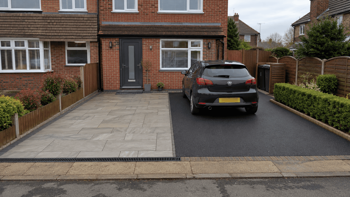 front garden converted into a driveway with asphalt and slabs