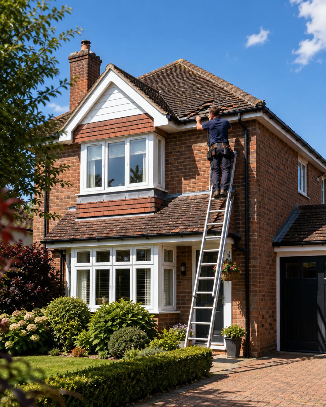roofer inspecting roof soffits and fascia