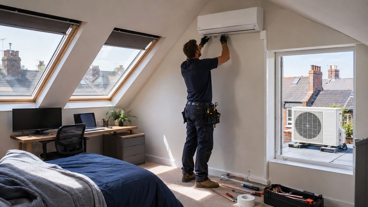 split air-conditioning system being professionally installed in a sunlit British loft conversion